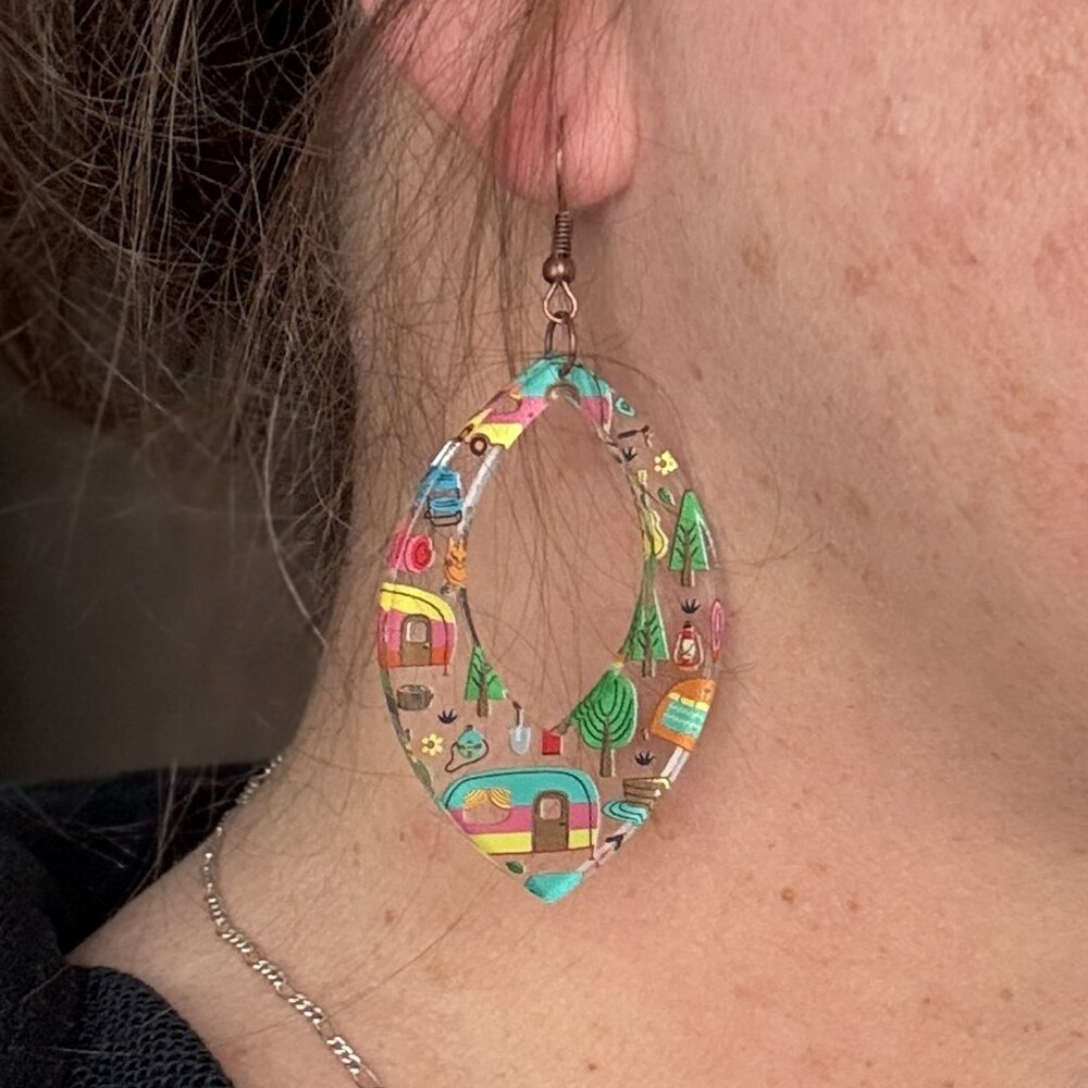 Camping Earrings – Lightweight Acrylic Camper Earrings – Boho Teardrop Earrings
